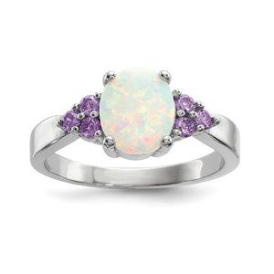 Sterling Silver created Opal with Purple CZ Ring